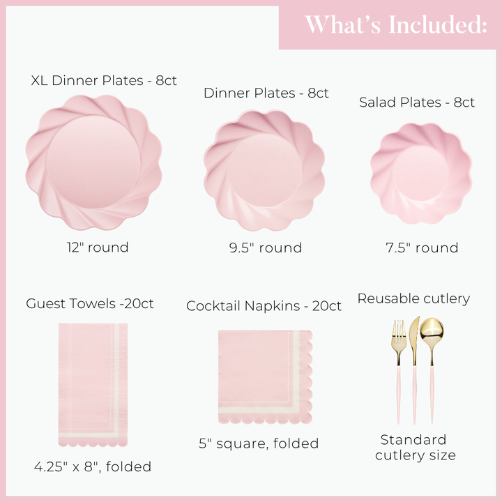 Here’s a rewritten sentence using the provided product data: Image showing what’s included in the Sophistiplate Eco-Friendly Table Setting - Blush: 8 XL dinner plates (12″), 8 dinner plates (9.5″), 8 salad plates (7.5″), 20 guest towels, 20 cocktail napkins, and standard reusable cutlery. All items come in an elegant pink hue, featuring eco-friendly party plates for a stylish and sustainable celebration.
