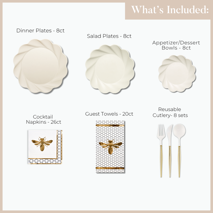Image displaying the Eco Cream Honeybee Table Setting by Sophistiplate: includes 8 elegant dinner plates, 8 salad plates, 8 appetizer/dessert bowls, 26 cocktail napkins adorned with a gold bee motif, 20 guest towels featuring a bee design, and 8 sets of reusable gold and white cutlery. These disposable yet eco-friendly party supplies provide both convenience and style for your next celebration.