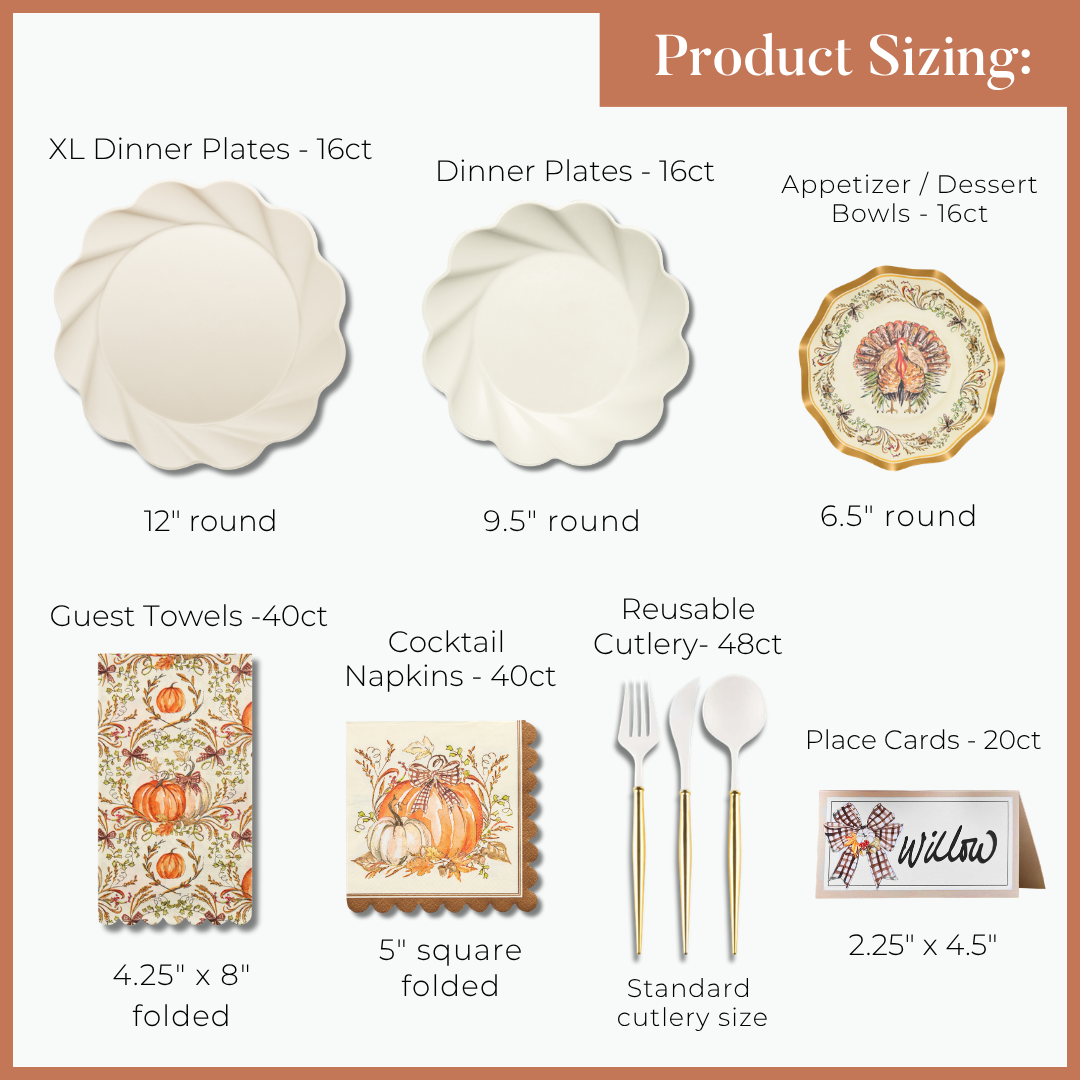 The Ivory Harvest: Thanksgiving Table for 16 by Sophistiplate LLC includes compostable plates, bowls, napkins, cutlery, towels & place cards in pumpkin and floral fall designs—sizes & quantities clearly labeled.