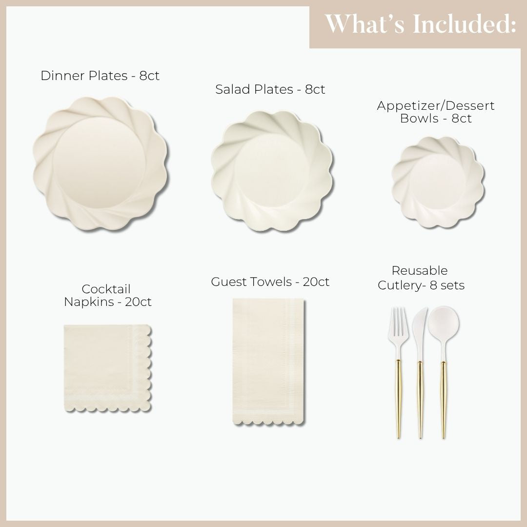 Image showing included items from the Eco Cream Table Setting by Sophistiplate LLC: 8 designer disposable dinner plates, 8 salad plates, 8 appetizer/dessert bowls, 20 cocktail napkins, 20 guest towels, and 8 sets of reusable gold and white cutlery (fork, spoon, knife). Perfect for entertaining with style and convenience.
