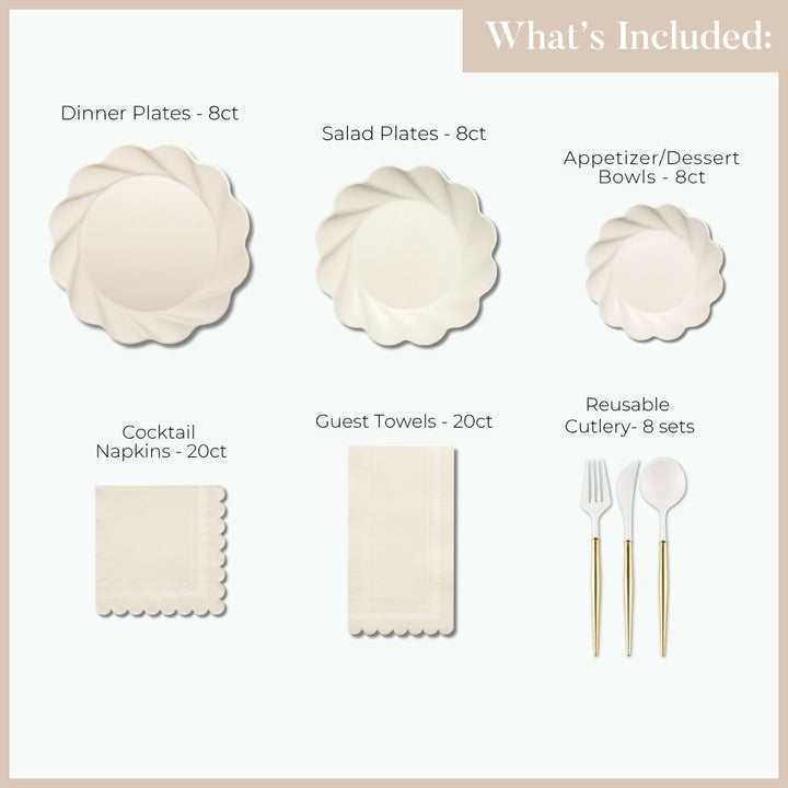 Image showing included items from the Eco Cream Table Setting by Sophistiplate LLC: 8 designer disposable dinner plates, 8 salad plates, 8 appetizer/dessert bowls, 20 cocktail napkins, 20 guest towels, and 8 sets of reusable gold and white cutlery (fork, spoon, knife). Perfect for entertaining with style and convenience.