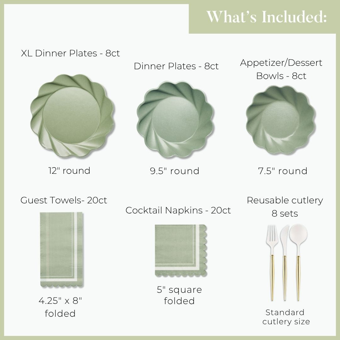 Image displays the Eco Sage Table Setting by Sophistiplate LLC, which includes 8 extra-large designer disposable plates (12″), 8 standard disposable party plates (9.5″), 8 appetizer/dessert bowls (7.5″), 20 guest towels (4.25x8″), 20 cocktail napkins (5″ square), and 8 sets of reusable cutlery—ideal for creating a stylish, hassle-free gathering.