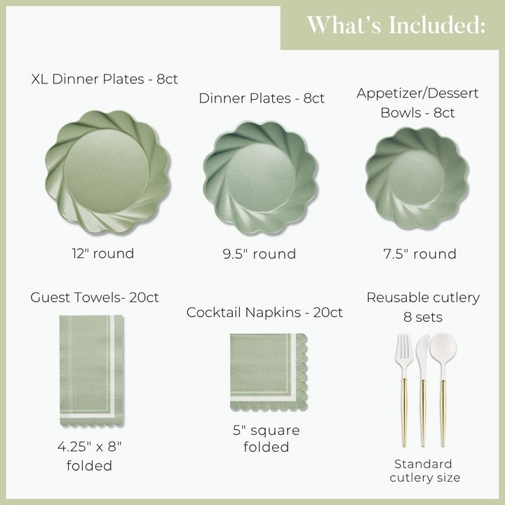 Image displays the Eco Sage Table Setting by Sophistiplate LLC, which includes 8 extra-large designer disposable plates (12″), 8 standard disposable party plates (9.5″), 8 appetizer/dessert bowls (7.5″), 20 guest towels (4.25x8″), 20 cocktail napkins (5″ square), and 8 sets of reusable cutlery—ideal for creating a stylish, hassle-free gathering.