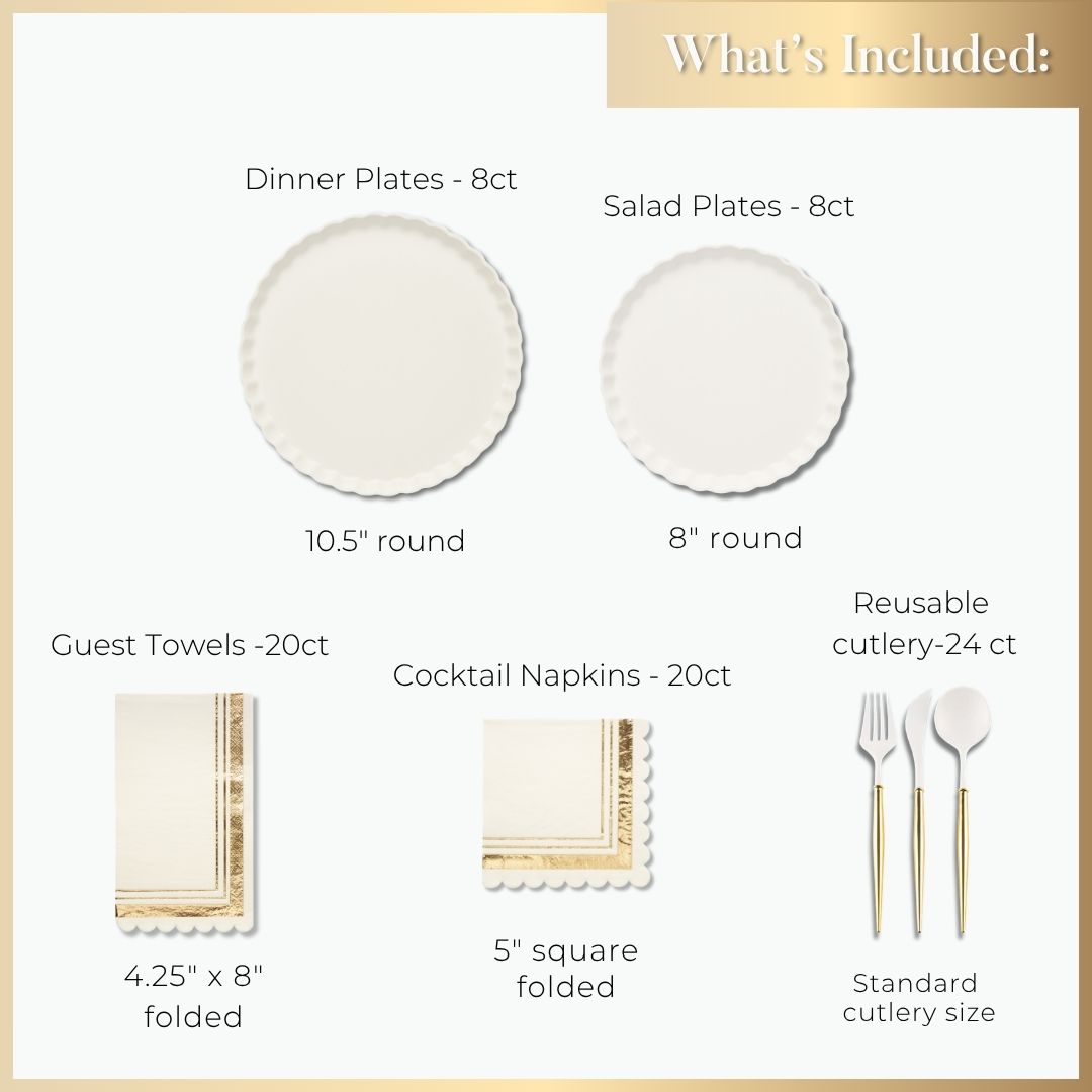 The Eco White & Gold Table Setting by Sophistiplate LLC features 8 designer disposable dinner plates (10.5”), 8 salad plates (8”), 20 guest towels (4.25” x 8”), 20 cocktail napkins (5” square), and 24 pieces of reusable cutlery. This eco-friendly set effortlessly adds elegance to any occasion while offering the convenience you need for easy hosting.
