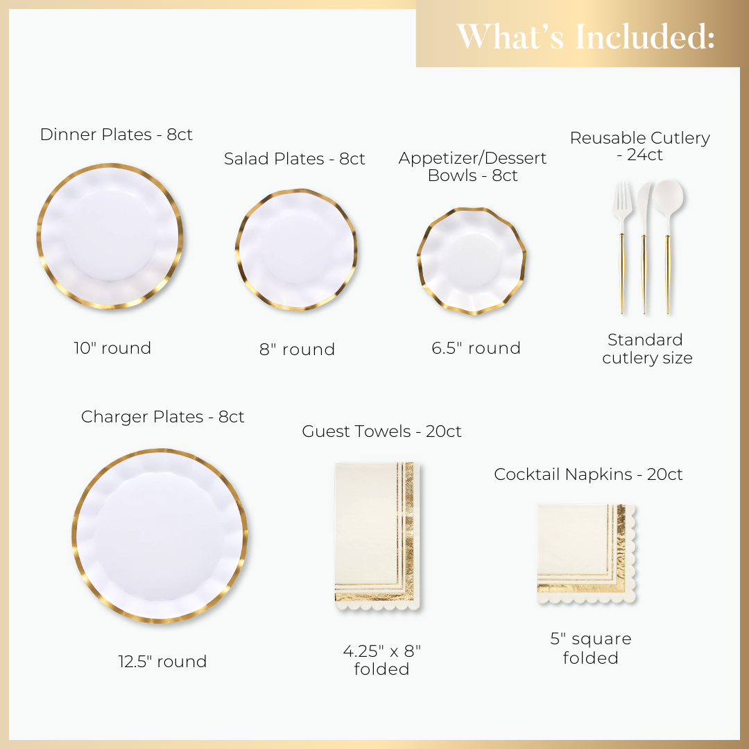 A diagram displays the Sophistiplate Everyday White Table Setting: 8 dinner plates (10”), 8 salad plates (8”), 8 dessert bowls (6.5”), 8 charger plates (12.5”), plus reusable cutlery, guest towels, and cocktail napkins—a true party-in-a-box.