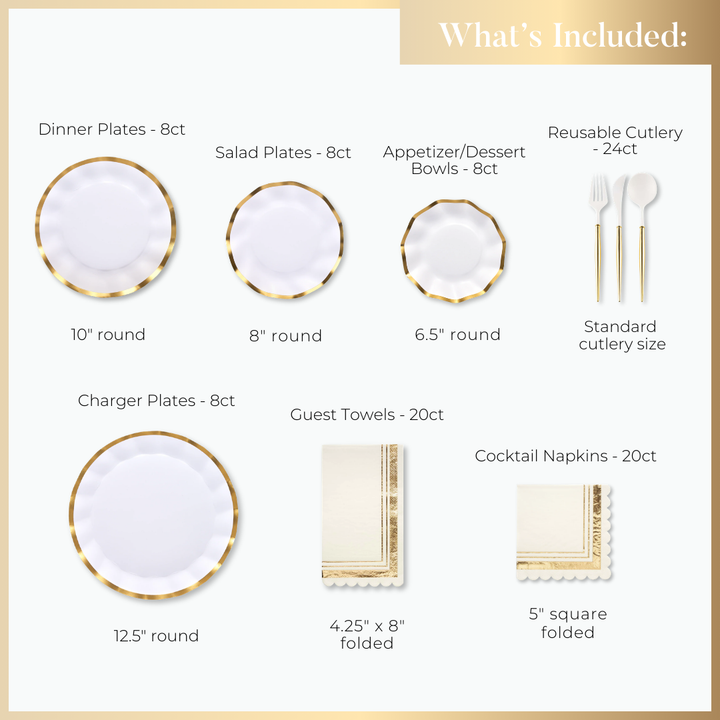 A diagram displays the Sophistiplate Everyday White Table Setting: 8 dinner plates (10”), 8 salad plates (8”), 8 dessert bowls (6.5”), 8 charger plates (12.5”), plus reusable cutlery, guest towels, and cocktail napkins—a true party-in-a-box.