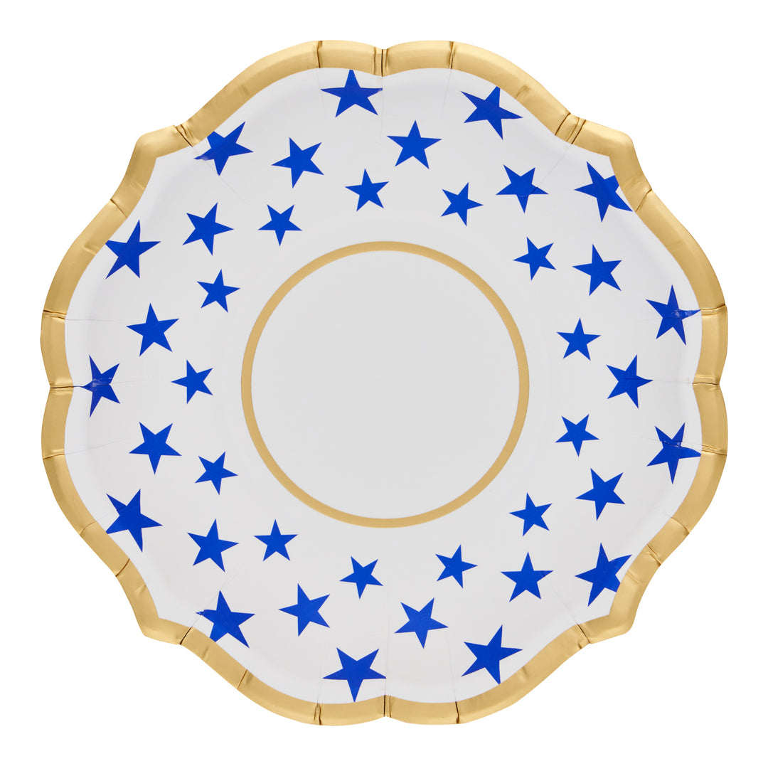 Serve treats in style with Sophistiplate’s Party in the USA Appetizer/Dessert Bowls (8pk), featuring a round white design, scalloped gold rim, and festive blue stars—perfect for adding flair to any patriotic celebration.