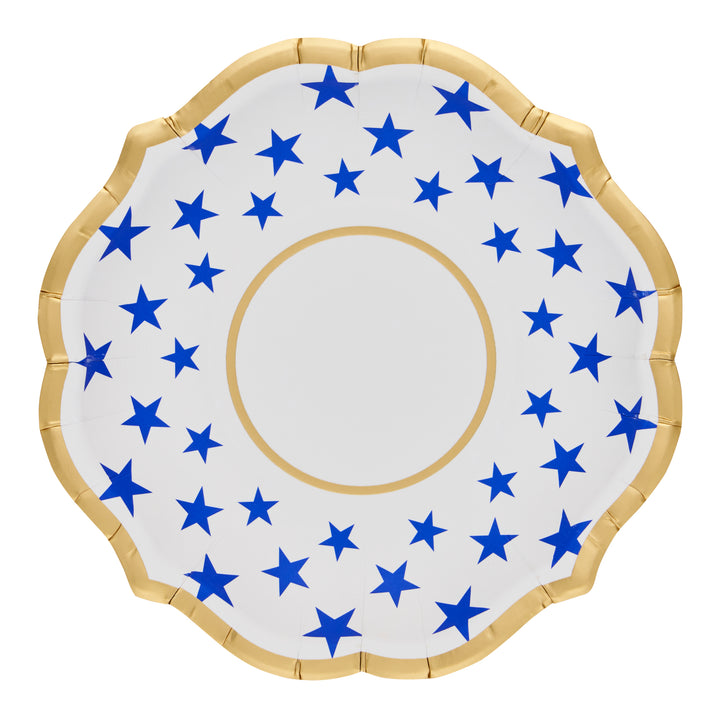 Serve treats in style with Sophistiplate’s Party in the USA Appetizer/Dessert Bowls (8pk), featuring a round white design, scalloped gold rim, and festive blue stars—perfect for adding flair to any patriotic celebration.