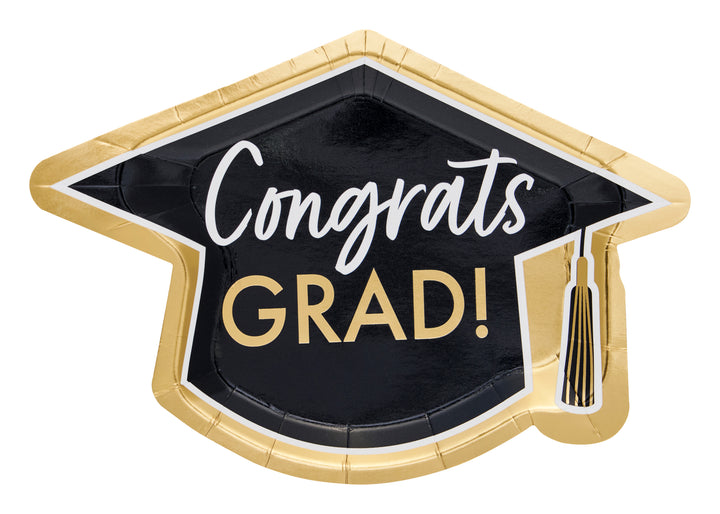 Celebrate your grad with Sophistiplate’s Classic Grad Salad Plates (8pk)—black and gold plates featuring “Congrats Grad!” in white and gold letters plus a gold tassel. These disposable plates are perfect for easy cleanup at your graduation party.