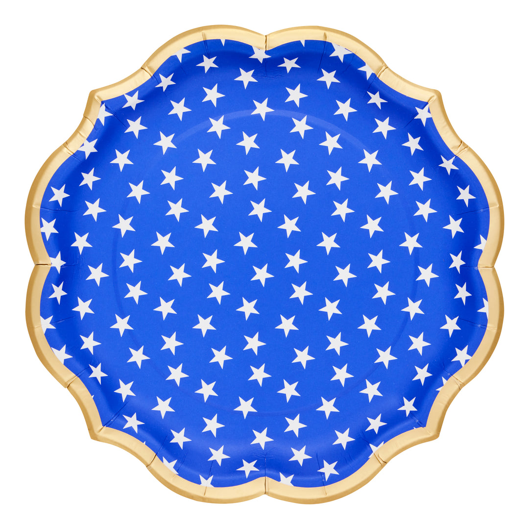 The Sophistiplate Party in the USA Dinner Plates (8pk) feature a blue scalloped edge, gold border, and white stars—ideal for patriotic gatherings or as festive Fourth of July plates to brighten your celebration table.