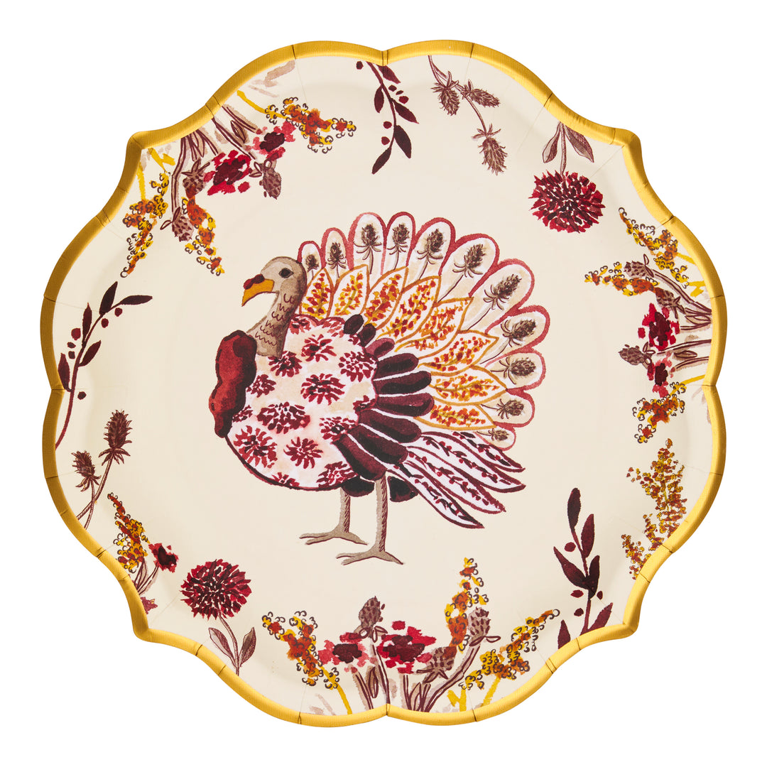 The Sophistiplate Amber Harvest Dinner Plates (8pk) feature a decorative scalloped gold rim, with a vibrant turkey at the center surrounded by elegant floral patterns in rich red, gold, and brown hues—making them the perfect choice for festive autumn gatherings and Thanksgiving dinners.