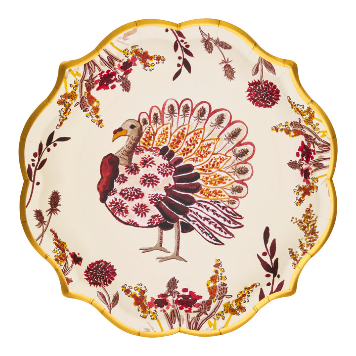 The Sophistiplate Amber Harvest Dinner Plates (8pk) feature a decorative scalloped gold rim, with a vibrant turkey at the center surrounded by elegant floral patterns in rich red, gold, and brown hues—making them the perfect choice for festive autumn gatherings and Thanksgiving dinners.