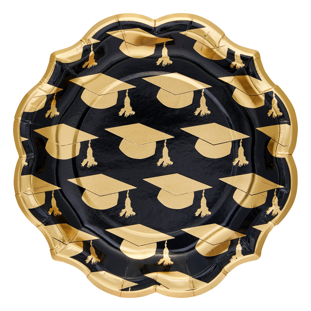 The Sophistiplate Classic Grad Salad Plates (8pk) feature a round, scalloped-edge design with a black background, gold graduation caps and tassels, and a gold rim—ideal chic tableware for your celebration.
