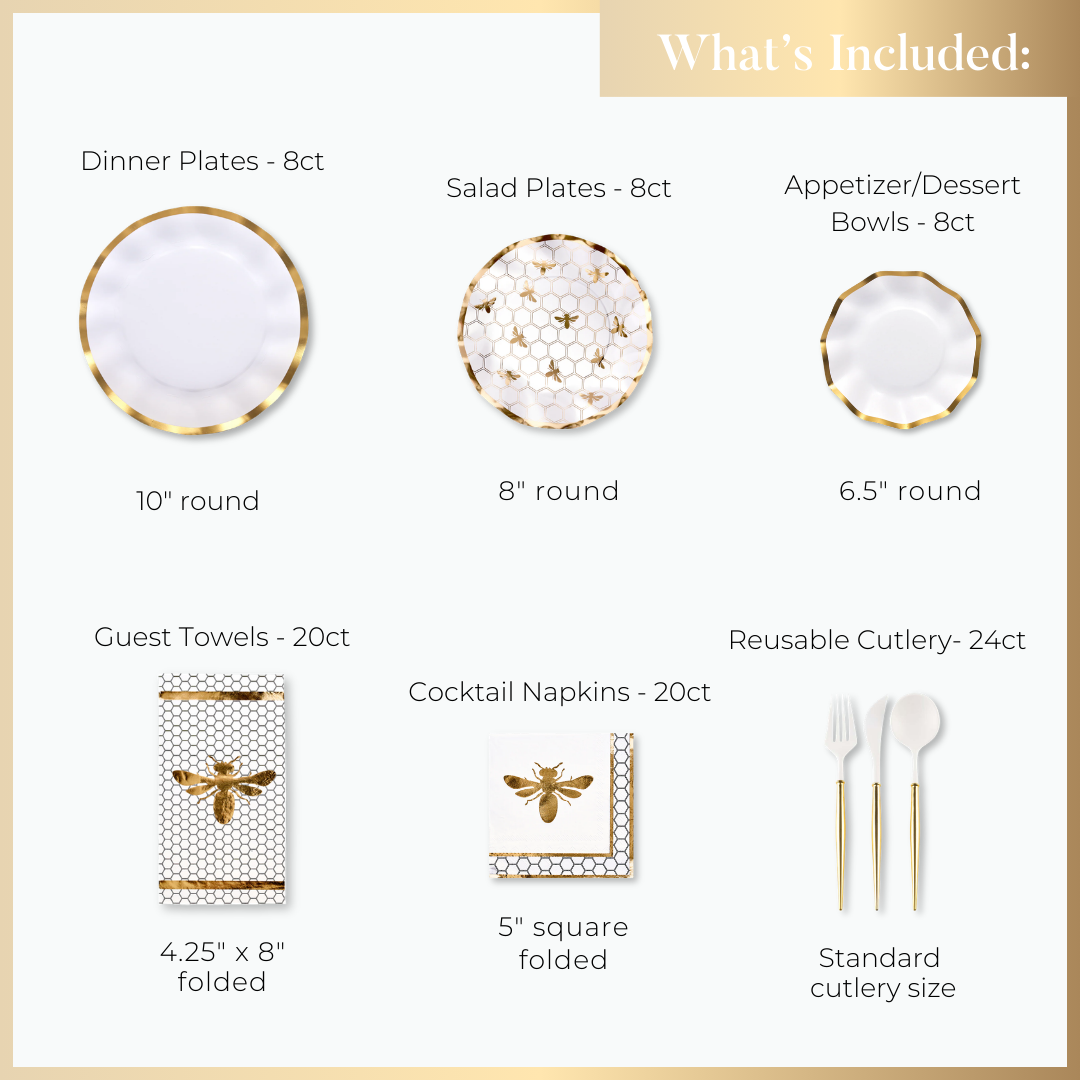 The Gilded Honey Table Setting by Sophistiplate LLC features gold and white designer dinner and salad plates, appetizer bowls, guest towels, bee motif cocktail napkins, reusable cutlery, and includes a text list of quantities and sizes.