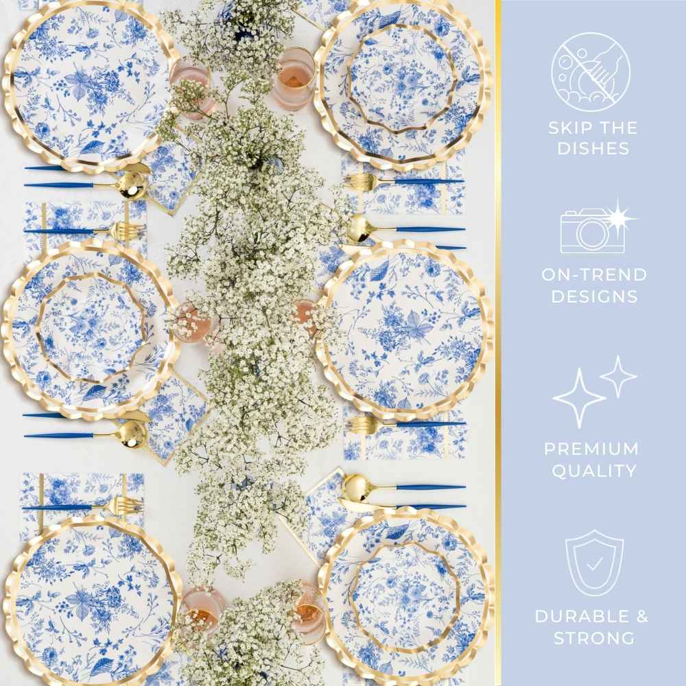 Create an elegant Passover table with Sophistiplate LLC's Timeless Tablescape for 16, featuring blue & white floral plates, gold utensils, and baby’s breath centerpieces. Icons highlight easy cleanup, trending designs, premium quality, and durability.