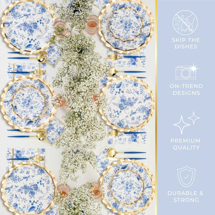Create an elegant Passover table with Sophistiplate LLC's Timeless Tablescape for 16, featuring blue & white floral plates, gold utensils, and baby’s breath centerpieces. Icons highlight easy cleanup, trending designs, premium quality, and durability.