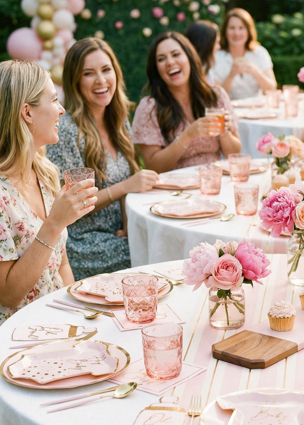 Four women enjoy drinks outdoors, surrounded by pink flowers and balloons. The table features Sophistiplate's Hey Baby Blush Table Setting: designer disposable plates, gold cutlery, and chic decor—perfect for a festive, elegant party.