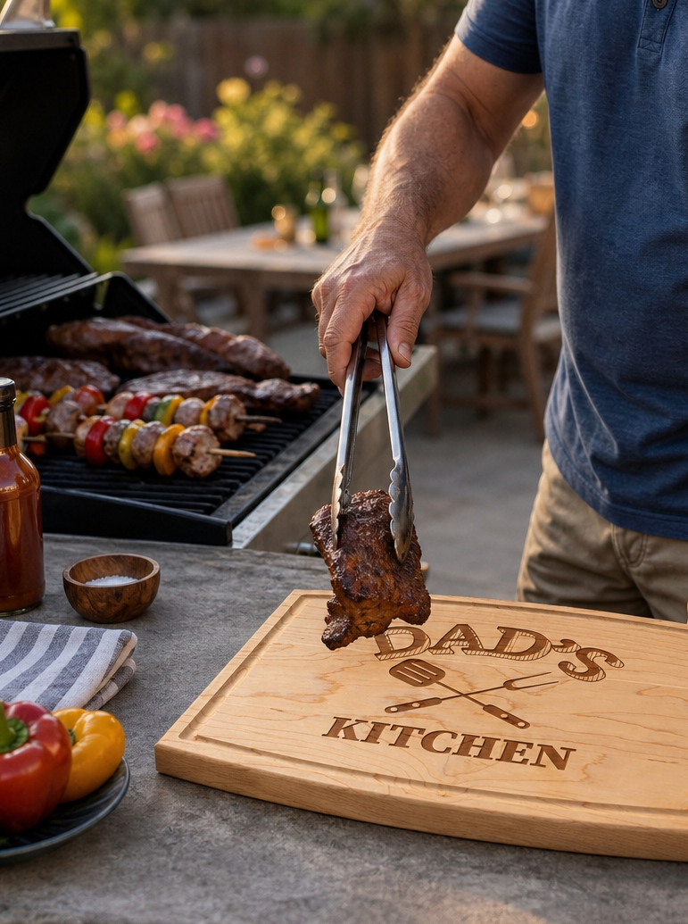 Someone uses tongs to serve grilled meat onto the Maple Arched Artisan Maple Board engraved with "Dad's Kitchen" (12 x 9"), while a grill, kebabs, vegetables, and sauces sit on an outdoor table in the background.