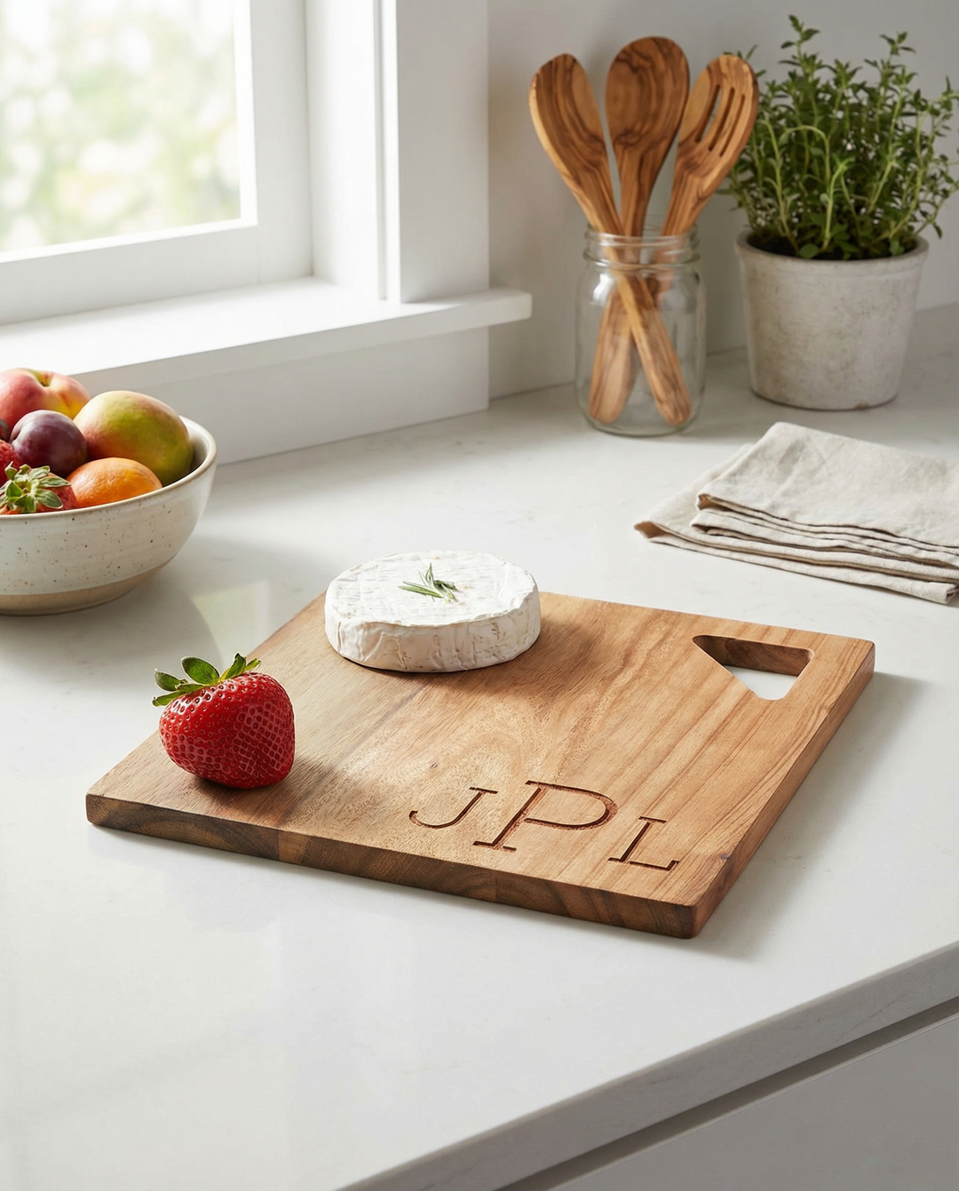 The Maple Acacia Modern Geo Square 9" board, personalized with "JPL," holds cheese and a strawberry on a white counter near fruit, napkins, wooden utensils, and herbs—a stylish touch for your charcuterie spread.