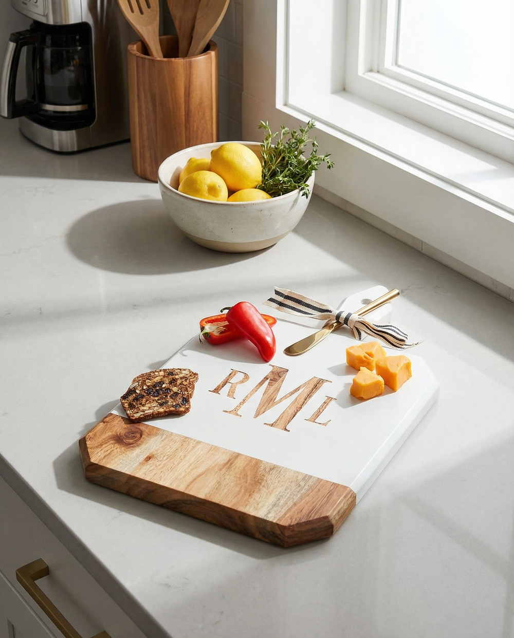 The Maple Acacia Heirloom Board Rectangle in white (16 x 10"), personalized with initials and paired with a gold spreader, is perfect for charcuterie and stylishly displays cheese, crackers, and more on your kitchen counter.