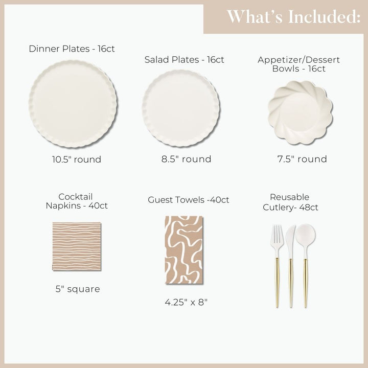 Image showing included items in the Sophistiplate LLC Passover Tablescape for 16: 16 large plates (10.5"), 16 salad plates (8.5"), 16 bowls, 40 cocktail napkins, 40 guest towels, and 48 pieces of reusable cutlery.