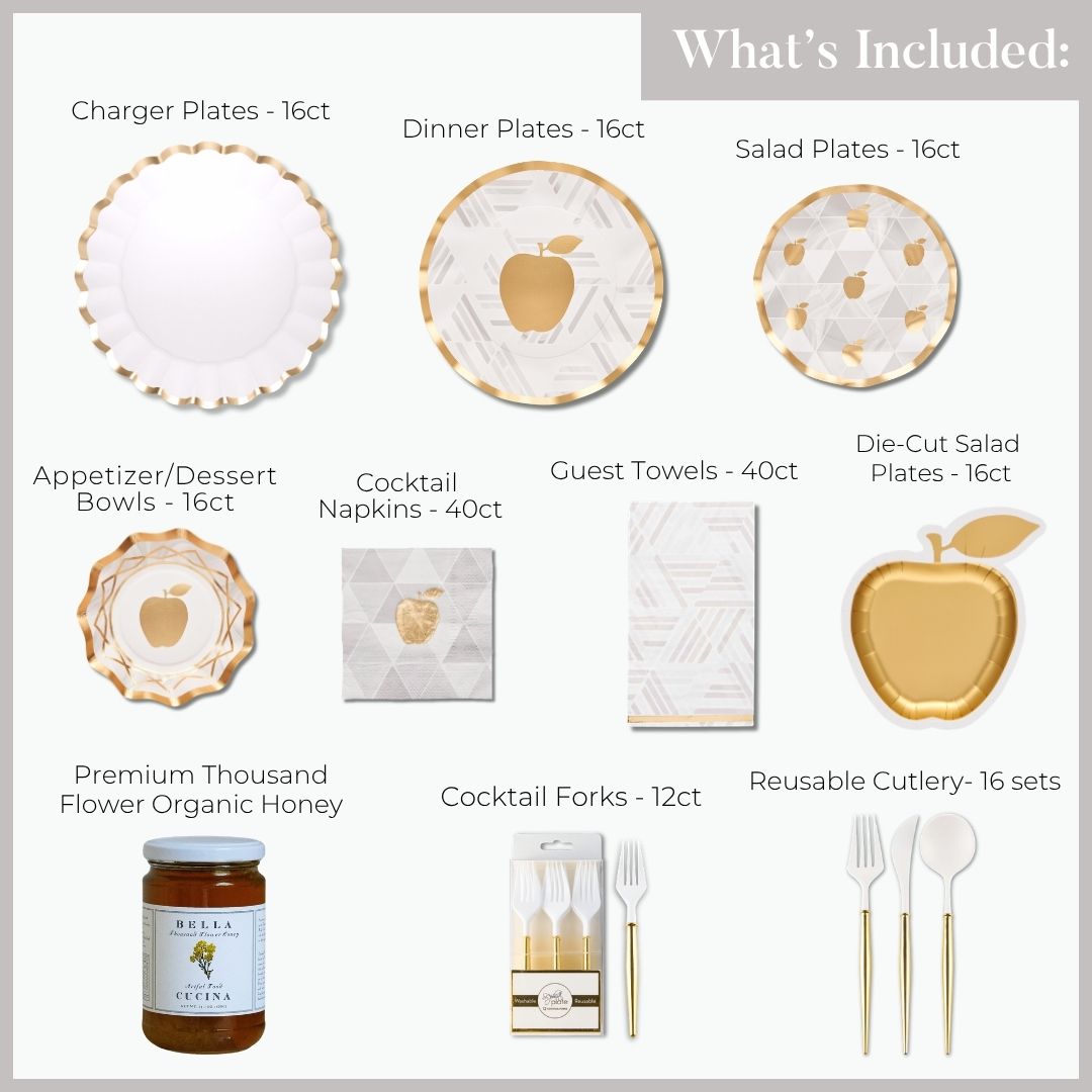 The Rosh Tablescape for 16 Guests: Golden Apple by Sophistiplate LLC includes disposable party plates, salad plates, bowls, napkins, guest towels, gold-cutout apple plates, forks, cutlery, and organic honey. Each item showcases a sophisticated white and gold apple design with geometric patterns—ideal for creating an elegant Rosh Hashanah table setting.