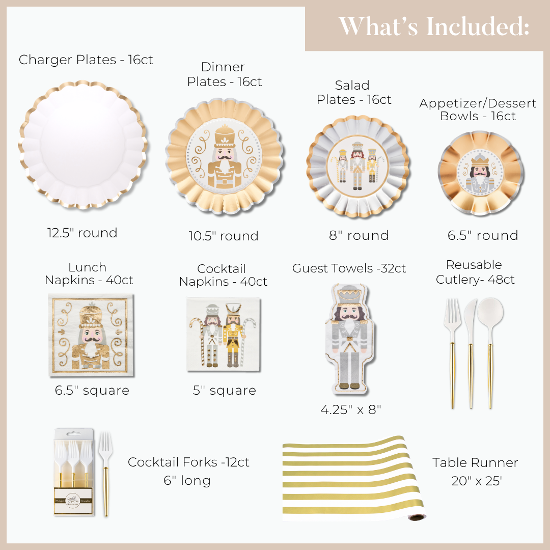 A Gilded Nutcracker: Christmas Table for 16 holiday table setting featuring nutcracker-themed heavy-duty paper plates, bowls, napkins, guest towels, cutlery, and a gold-striped table runner, including quantities and dimensions for each item.