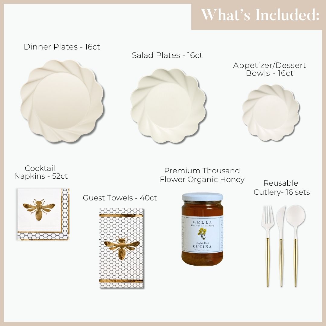 Image displaying everything included in the Sophistiplate LLC “Rosh Tablescape for 16 Guests: Eco Cream Honeybee” set: 16 compostable dinner plates, 16 salad plates, 16 appetizer/dessert bowls, 52 cocktail napkins, 40 guest towels, an organic honey jar, and 16 sets of reusable cutlery—ideal for creating a stunning Rosh Hashanah tablescape or elevating any celebration with stylish, eco-friendly disposable partyware.