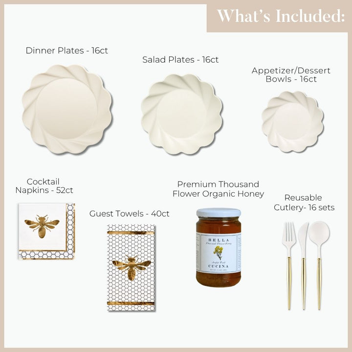 Image displaying everything included in the Sophistiplate LLC “Rosh Tablescape for 16 Guests: Eco Cream Honeybee” set: 16 compostable dinner plates, 16 salad plates, 16 appetizer/dessert bowls, 52 cocktail napkins, 40 guest towels, an organic honey jar, and 16 sets of reusable cutlery—ideal for creating a stunning Rosh Hashanah tablescape or elevating any celebration with stylish, eco-friendly disposable partyware.