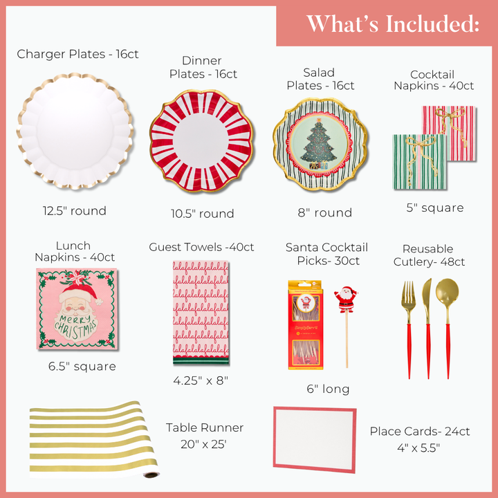 Tis the Season: Christmas Table for 16 set including patterned plates, napkins, guest towels, Santa-themed picks, gold-handled cutlery, a gold-striped table runner, and blank place cards with listed dimensions.