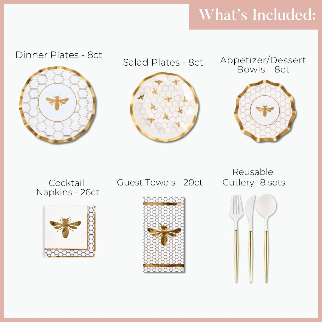 The Sophistiplate LLC White Honeybee Table Setting Bundle includes 8 designer dinner plates, 8 salad plates, 8 appetizer/dessert bowls, 26 cocktail napkins, 20 guest towels, and 8 sets of reusable cutlery. The elegant white and gold honeycomb design brings a charming touch to your special occasion.