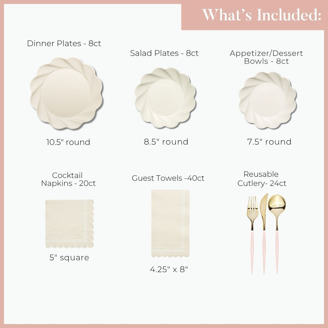 An image titled "What's Included" shows the Sophistiplate LLC Eco Cream & Blush Cutlery Bundle: 8 dinner plates (10.5"), 8 salad plates (8.5"), 8 dessert bowls (7.5"), 20 cocktail napkins, 40 guest towels, and 24 reusable cutlery pieces.