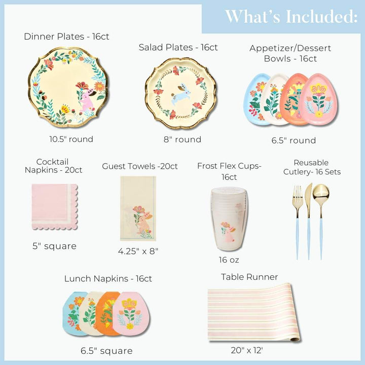 The Ultimate Easter Tablescape for 16: Folklore Easter by Sophistiplate LLC includes floral paper plates, salad plates, bowls, napkins, guest towels, frost flex cups, reusable cutlery, and a table runner—each labeled with quantity and size for easy setup.