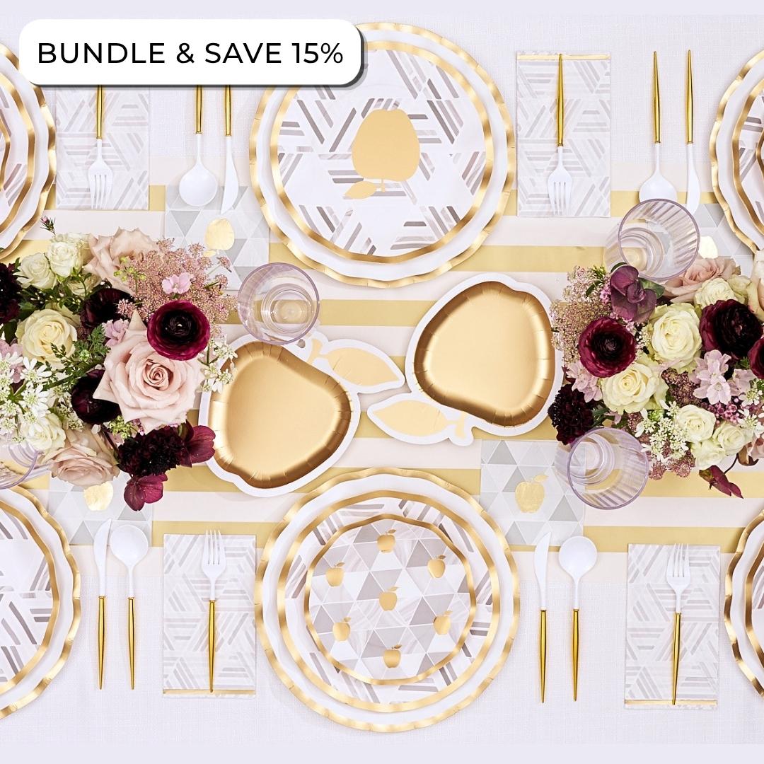 Here’s a rewritten version using the provided product data: Create a stunning tablescape with the Rosh Tablescape for 16 Guests: Golden Apple by Sophistiplate LLC, featuring gold-accented designer paper plates with stylish geometric patterns, coordinating gold cutlery, and elegant floral centerpieces in blush and burgundy tones. Top of the image displays: BUNDLE & SAVE 15%.
