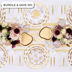 Here’s a rewritten version using the provided product data: Create a stunning tablescape with the Rosh Tablescape for 16 Guests: Golden Apple by Sophistiplate LLC, featuring gold-accented designer paper plates with stylish geometric patterns, coordinating gold cutlery, and elegant floral centerpieces in blush and burgundy tones. Top of the image displays: BUNDLE & SAVE 15%.