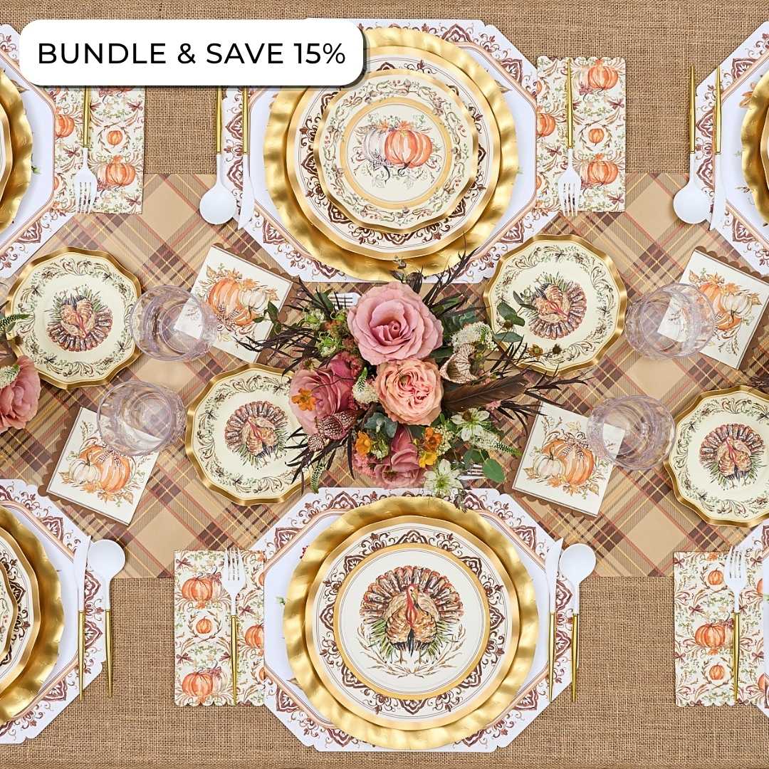 Sophistiplate LLC Turkey & Gourds: Thanksgiving Table for 16 featuring heavy duty paper plates with turkey and gourd motifs, gold-rimmed chargers, floral napkins, and a floral centerpiece, with a Bundle & Save 15% badge in the corner.