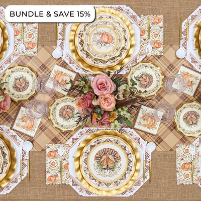 Sophistiplate LLC Turkey & Gourds: Thanksgiving Table for 16 featuring heavy duty paper plates with turkey and gourd motifs, gold-rimmed chargers, floral napkins, and a floral centerpiece, with a Bundle & Save 15% badge in the corner.