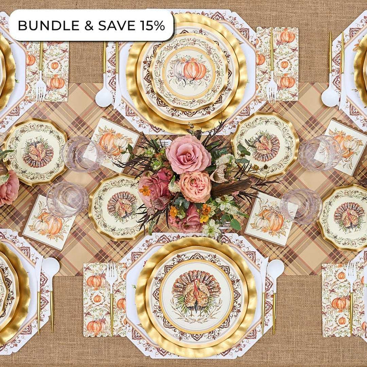 Sophistiplate LLC Turkey & Gourds: Thanksgiving Table for 16 featuring heavy duty paper plates with turkey and gourd motifs, gold-rimmed chargers, floral napkins, and a floral centerpiece, with a Bundle & Save 15% badge in the corner.