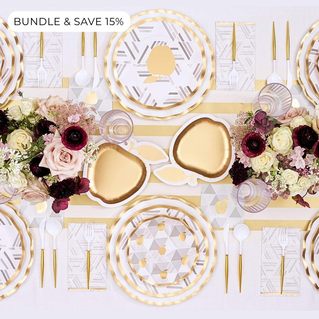 Celebrate Rosh Hashanah in style with the Sophistiplate LLC “Rosh Tablescape for 16 Guests: Golden Apple” set, featuring gold and white geometric heavy duty paper plates, elegant gold flatware, and floral centerpieces with pink, white, and burgundy blooms—all highlighted by a “Bundle & Save 15%” label in the top left corner.