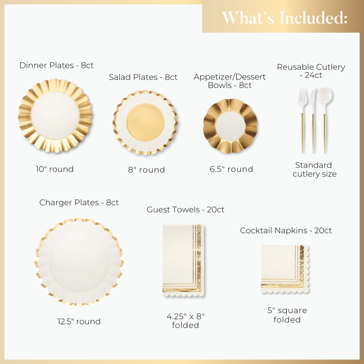 The Gold & White Table Setting by Sophistiplate LLC features designer disposable dinner, salad, and charger plates, appetizer bowls, guest towels, cocktail napkins, and reusable cutlery—each labeled with size and quantity.