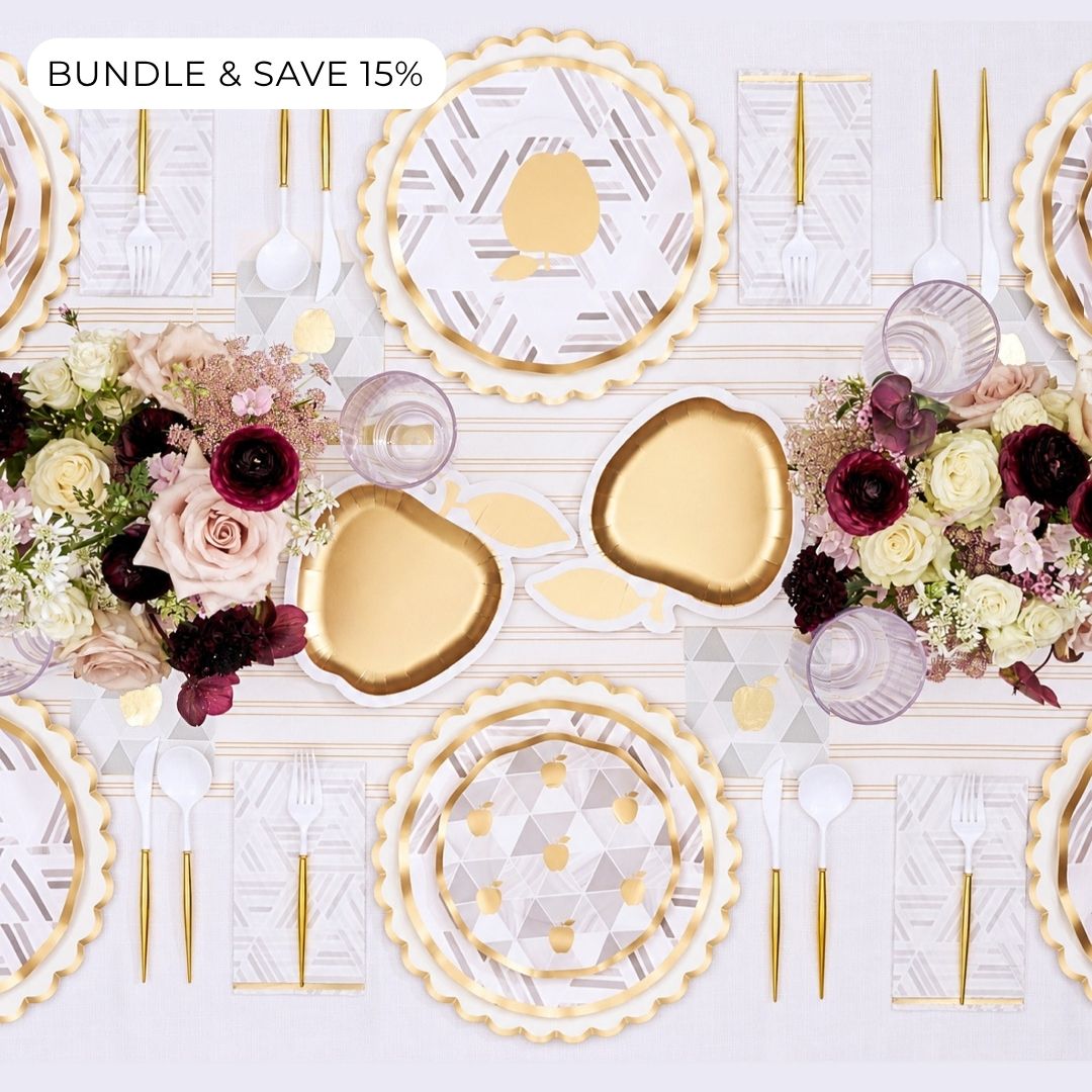 Elevate your Rosh Hashanah celebration with the Sophistiplate LLC “Rosh Tablescape for 16 Guests: Golden Apple”—a sophisticated table setting featuring designer disposable plates with gold trim, gold utensils, and lush floral centerpieces of burgundy and cream roses and ranunculus, all complemented by elegant gold accent decorations. Perfect for a chic holiday table. Text in corner reads BUNDLE & SAVE 15%.