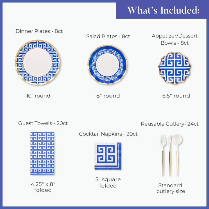 The Sophistiplate Greek Key Table Setting includes blue and white heavy duty paper plates, salad plates, bowls, guest towels, cocktail napkins, and reusable cutlery—each with labeled quantities and sizes for easy party setup.