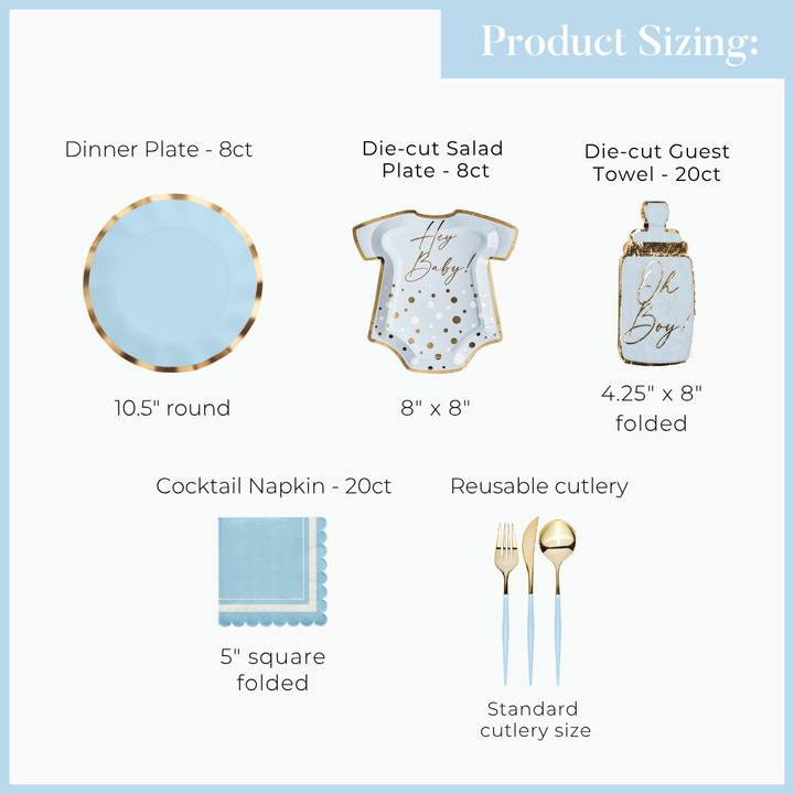 A Hey Baby Blue Table Setting sizing guide featuring a 10.5-inch round plate, an 8-inch baby-onesie shaped plate, a 4.25 by 8-inch baby bottle shaped towel, a 5-inch square napkin, and light blue and gold paper plates and cutlery.