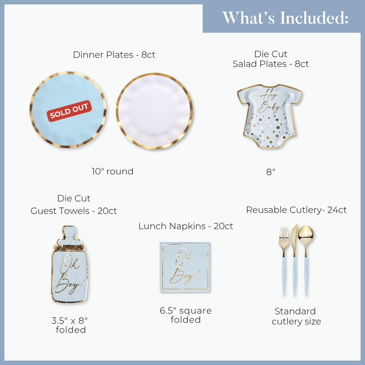 Image displaying included items for the Sophistiplate LLC Hey Baby Blue Table Setting: 8 dinner plates (sold out), 8 salad plates, 8 onesie-shaped plates, 20 guest towels, 20 lunch napkins, and 24 reusable cutlery pieces.