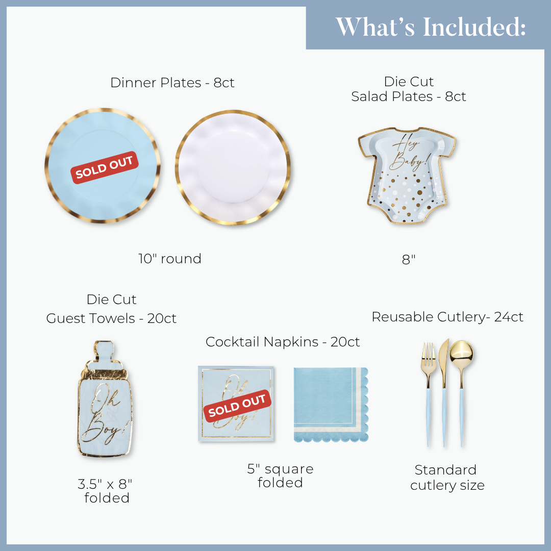 The Hey Baby Blue Table Setting by Sophistiplate LLC features an assortment of tableware for effortless entertaining, including salad plates, guest towels, disposable party plates in a baby bodysuit shape, reusable gold cutlery (all with sizes and quantities provided), as well as heavy duty paper dinner plates and cocktail napkins (both sold out).