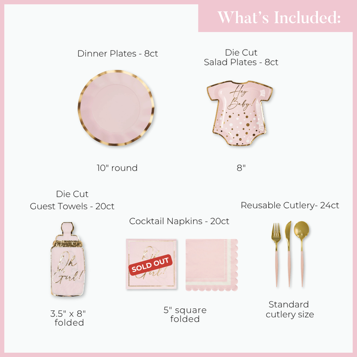 Hey Baby Blush Table Setting by Sophistiplate features elegant pink and gold dinnerware, including round designer paper dinner plates, onesie-shaped disposable salad plates, guest towels, cocktail napkins (currently sold out), and reusable cutlery. With quantities and sizes listed for each item, this beautiful set adds a charming touch to your baby shower celebration.