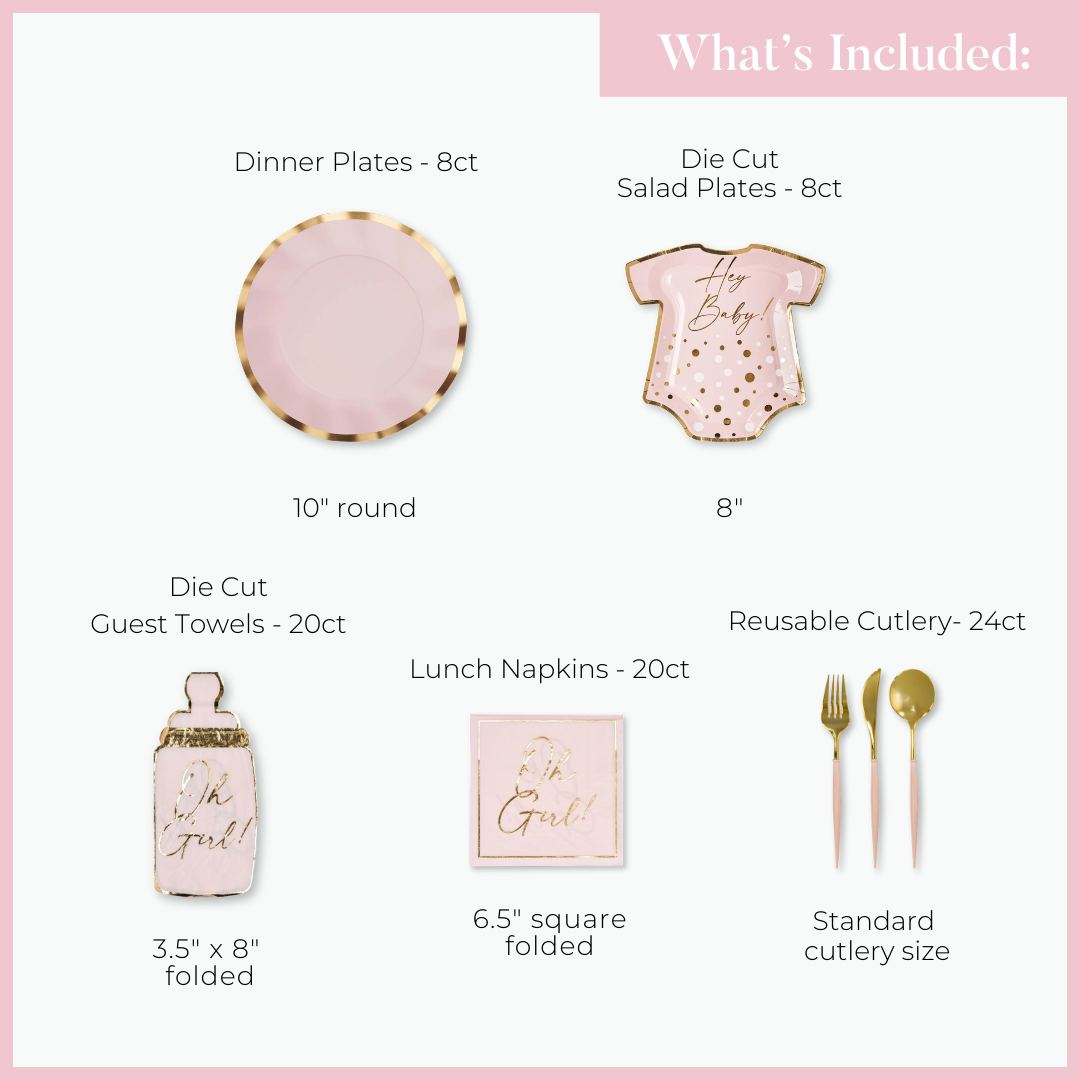 The Hey Baby Blush Table Setting by Sophistiplate LLC includes 8 pink and gold rim plates, 8 “Hey Baby” onesie salad plates, 20 “Oh Girl” guest towels, 20 lunch napkins, and 24 pieces of gold reusable cutlery.
