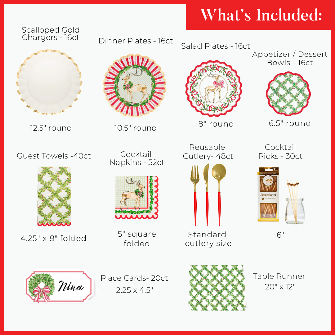 A flat lay of Holly Berry: Christmas Table for 16 supplies, including heavy duty paper plates, scalloped gold chargers, bowls, guest towels, cocktail napkins, cutlery, picks, place cards, and a patterned table runner, with dimension labels.