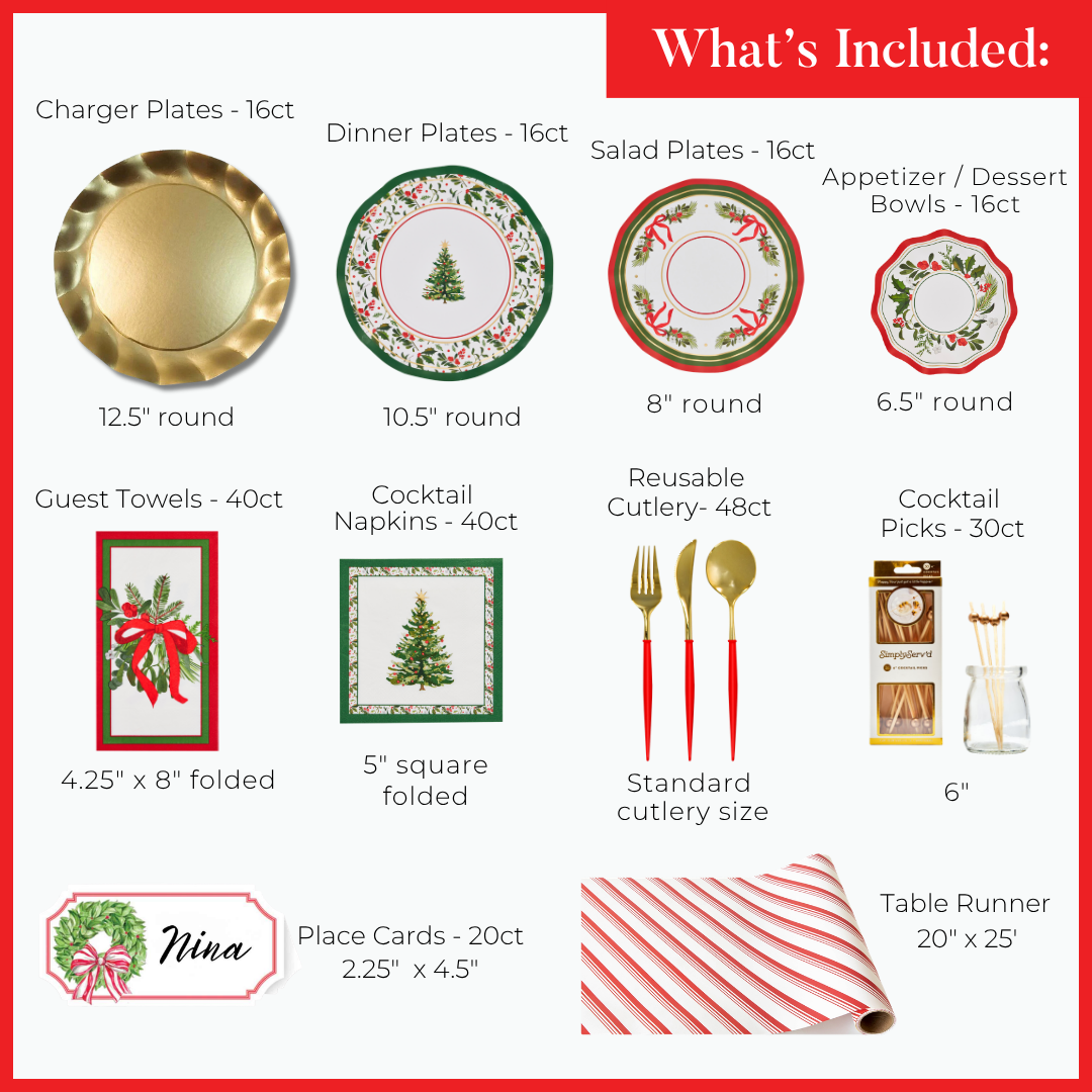 Home for the Holidays: Christmas Table for 16 set featuring gold charger plates, holly and tree-patterned paper plates, guest towels, napkins, red-handled cutlery, cocktail picks, personalized place cards, and a red-and-white striped runner.