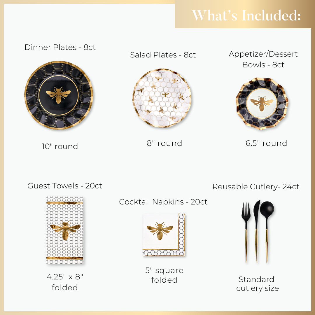 An image shows what's inside the Honeybee Table Setting by Sophistiplate LLC: 8 black plates (10"), 8 white salad plates (8"), 8 dessert bowls (6.5"), 20 guest towels, 20 cocktail napkins, and 24 black/gold cutlery pieces.